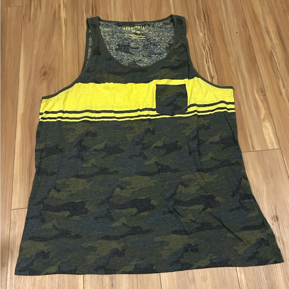 Aeropostale Men’s Camouflage Tank Top with Yellow Accents and Front Pocket XXL
